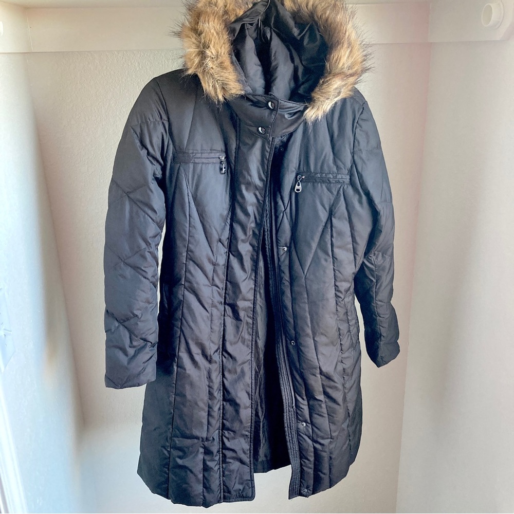 Andrew Marc Brown Quilted Puffer Fur Trim Hood Down Coat Long Length Small